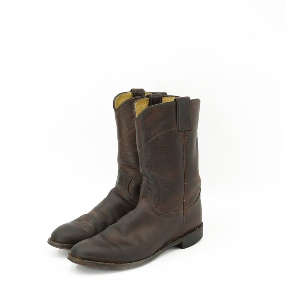 Brown Cowboy Boots Size 10 JUSTIN Vintage Leather Mid Calf Flat Western Boots - Picture 2 of 11